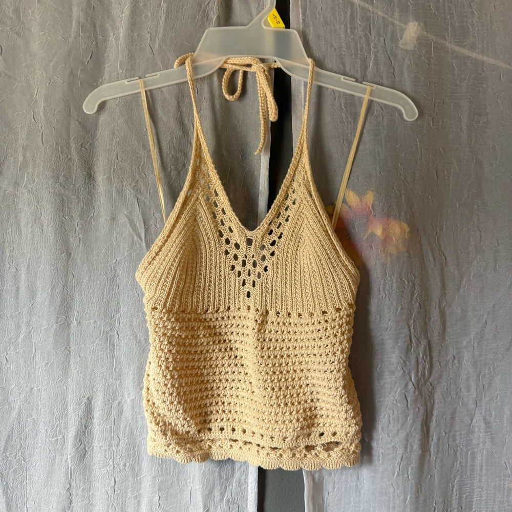 Wild Pearl Beige Crochet Halter Top